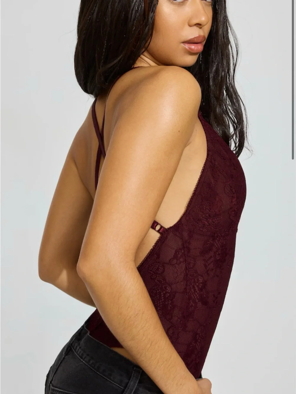 Garage Lace Plunge Crossback Bodysuit XS New Maroon Banner